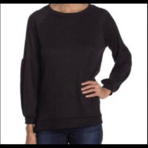 Status By Chenault Black Rib Knit Crewneck Lantern Sleeve Soft Top SZ M